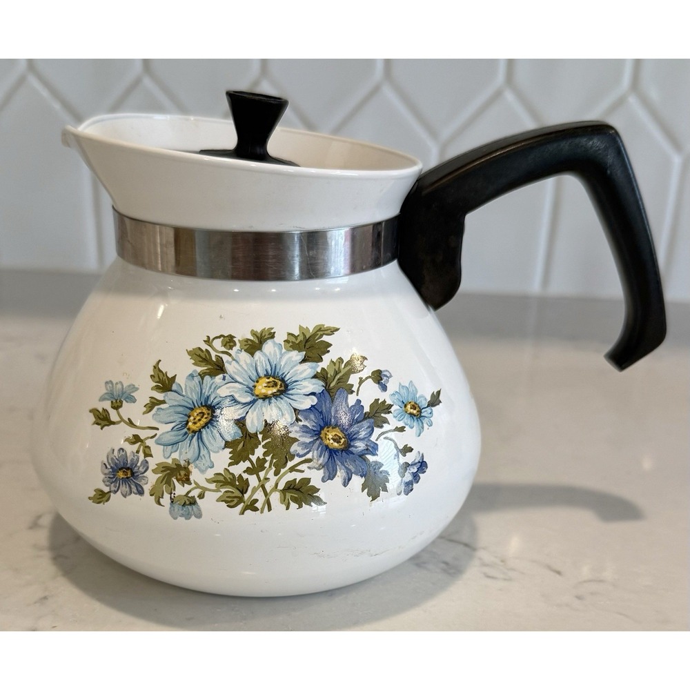 Vintage 1970s Corning Ware 6 Cup Coffee/Tea Pot "Chelsea Blue Daisy" Pattern